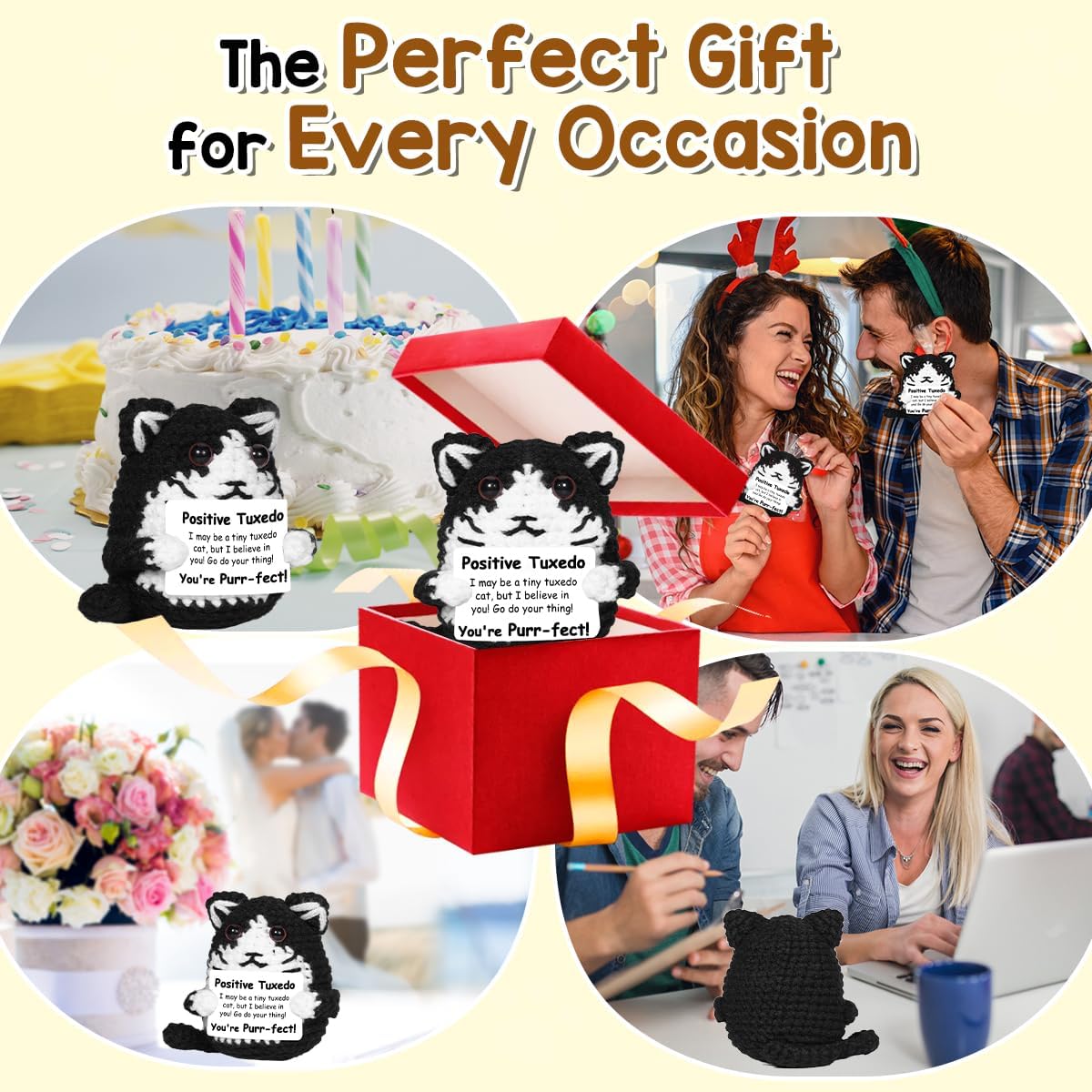 AICase Funny Tuxedo Cat Gifts Positive Crochet Animals for Women Cat Lovers image 2