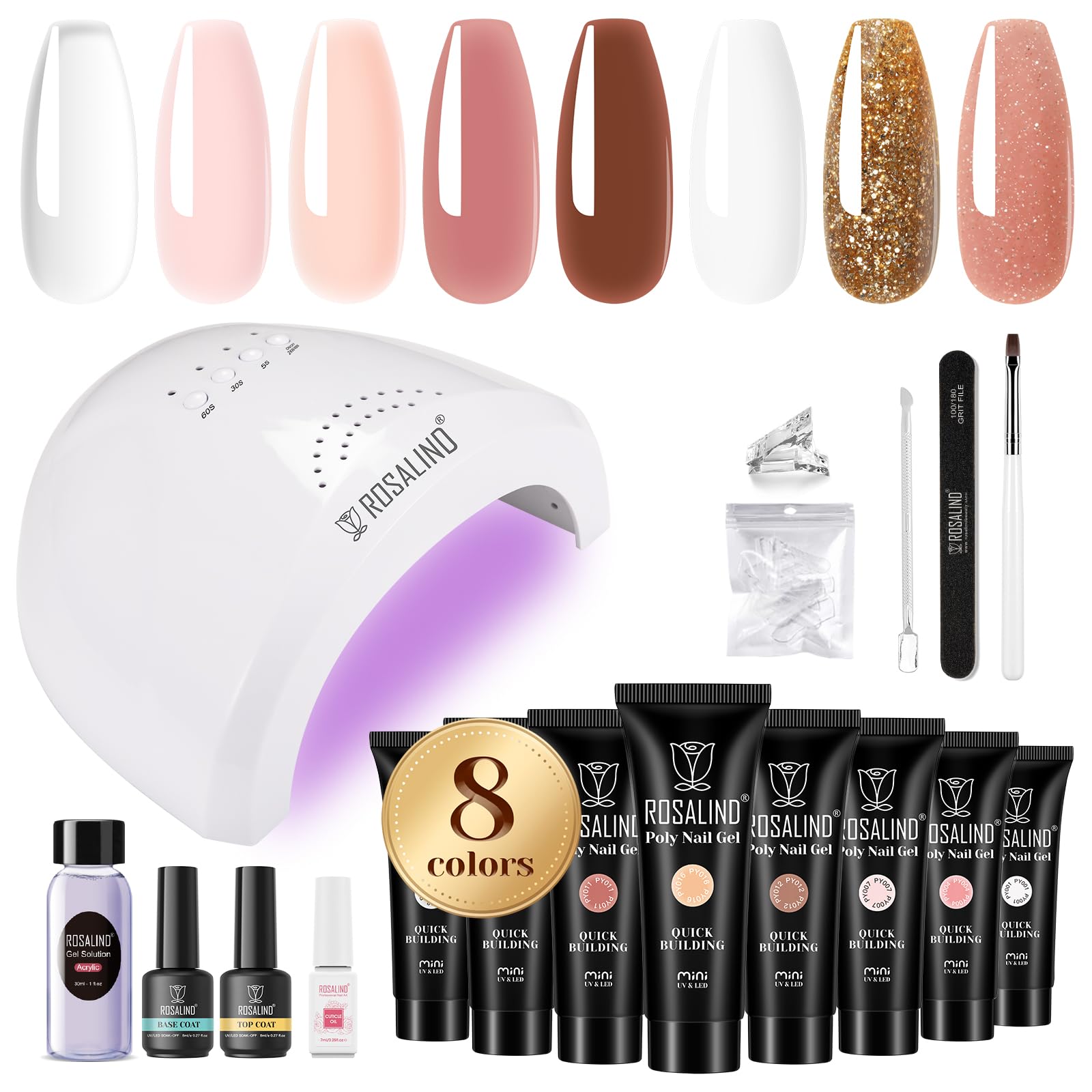 ROSALIND Poly Extension d'ongles en Gel Complet Kit, 8 Couleurs 10ml Poly Nail Gel Kit Avec 48W UV Lampe et Base&Top Coat, Nail Art DIY Kit Ongle Gel Complet pour Débutant, Professionnel et Salon