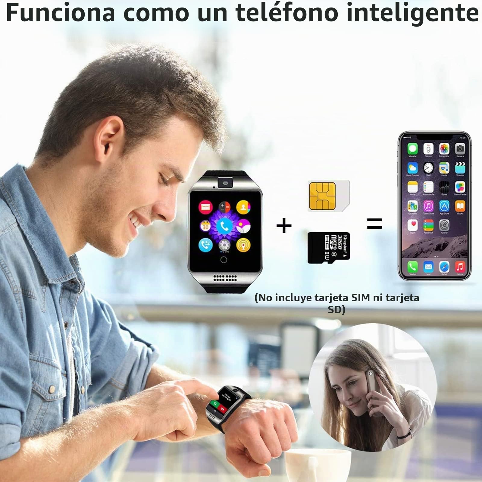 Reloj Inteligente Android con Pantalla Táctil Completa para Mujeres, Hombres Y Niños, con Ranura para Tarjeta SIM, Podómetro, Cámara, Reloj Recordatorio De Notificación De Mensaje