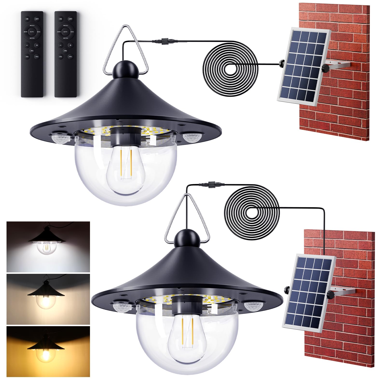 Quntis Lámpara Solar Colgante Interior Exterior 1000LM con Mando a Distancia 2 Piezas, 3 Temperaturas de Color, Sensor de Movimiento, IP65 Impermeable, Luz Solar Techo para Jardín Garaje Terraza