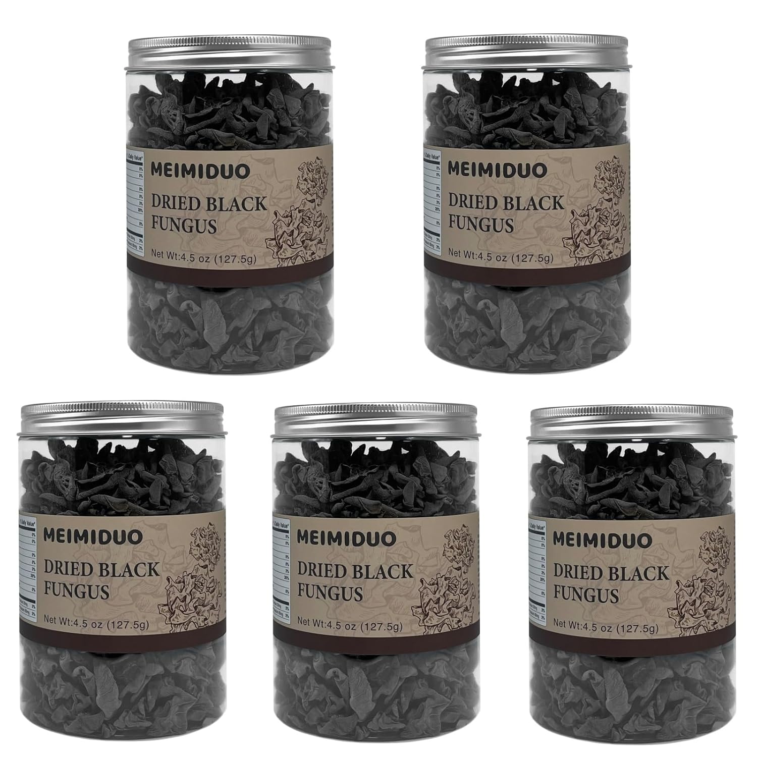 MEIMIDUO 22.5 Oz Dried Black Fungus Wood Ear Mushrooms, Premium All Natural Vegan(Pack of 5)
