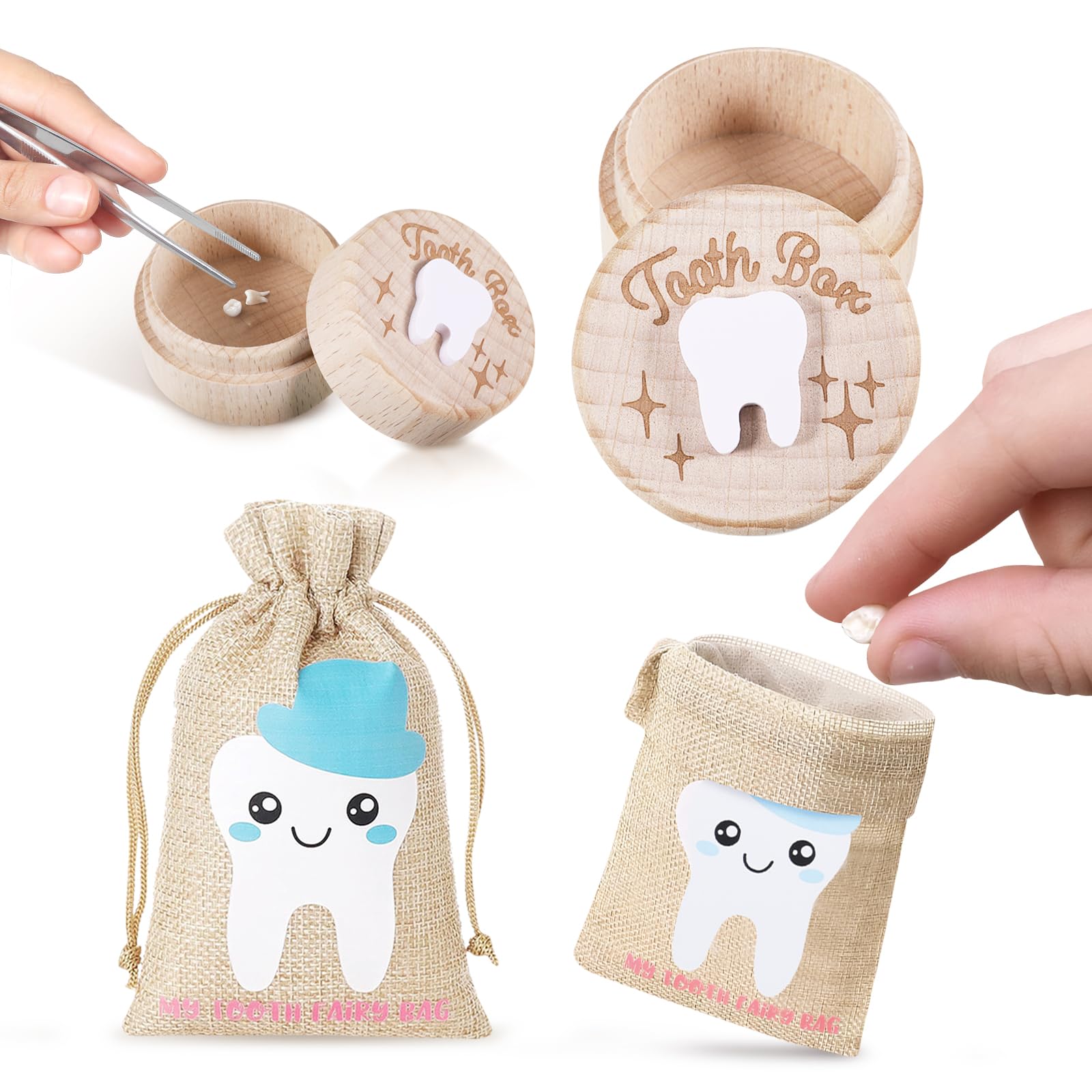 SIWOKJJO Tooth Box Keepsake, Tooth Fairy Bag for Girls Girl Keepsake Organizer, Lost Teeth Holder Box, Cute Wooden Keepsake