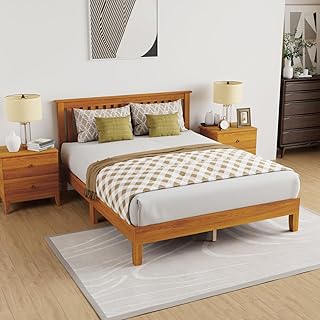 PayLessHere Wood Platform Bed Frame Queen Size Solid Wood Bed Frame with Headboard Wood Slats Support No Box Spring Needed Easy Assembly,Brown