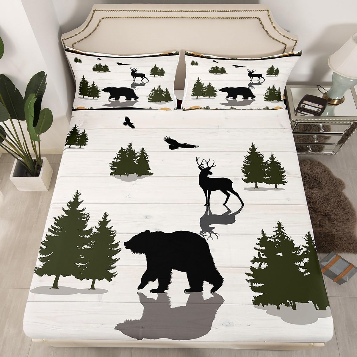Rustic Farmhouse Fitted Sheet Single Size, Wild Bear Deer Bed Cover with 1 Pillowcase, Black Trees Brid Print Bedding Set 2pcs for Kids Boys Room Decor, Soft Polyester Bedding