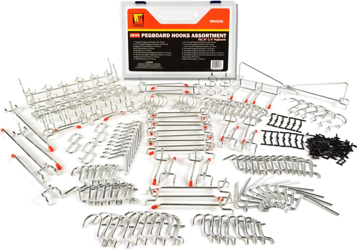 Wellmax188pc Pegboard Hooks Accessories Assortment, Heavy Duty Peg Board Hook Set, Perfect for Tools, Crafts, peg Boards and pegs attachments. Fits 1/4 and 1/8 inch Peg Holes