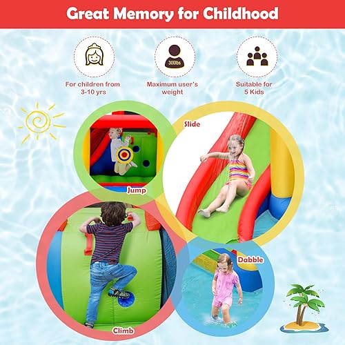 Vista 17 de BOUNTECH Castillo inflable para tobogán acuático, castillo de salto de parque acuático 6 en 1 para niños con 2 piscinas de salpicaduras, anillo