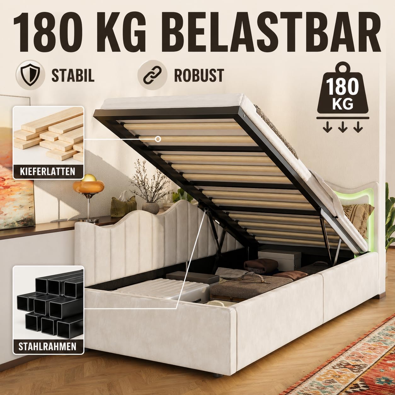 BRILVERDE Divano letto singolo 90x200 con luce LED, Poltrona letto singola con contenitore idraulico, letto con testiera, struttura letto con rete a doghe, in velluto (Beige, 90 x 200 cm)