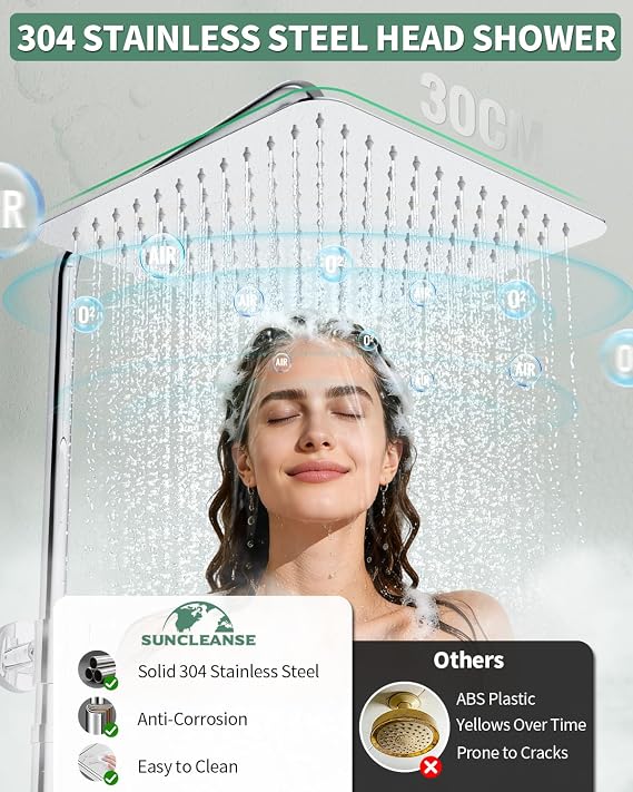 SunCleanse Shower Riser Rail Kit 30x30 cm Square Overhead Rainfall Chrome