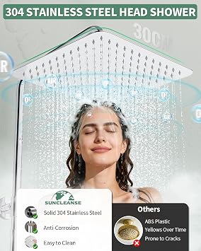 SunCleanse Shower Riser Rail Kit 30x30 cm Square Overhead Rainfall Chrome