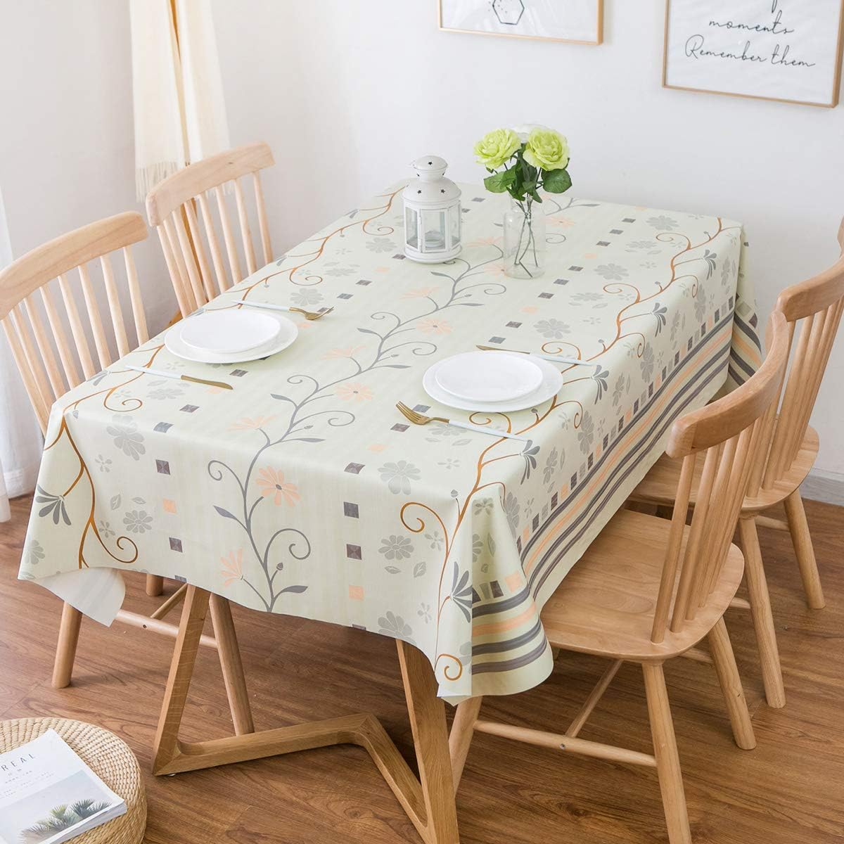 LEEVAN Heavy Weight Vinyl Square Table Cover Wipe Clean PVC Tablecloth Oil-Proof/Waterproof Stain-Resistant-54 x 72 Inch (Beige Leaf)