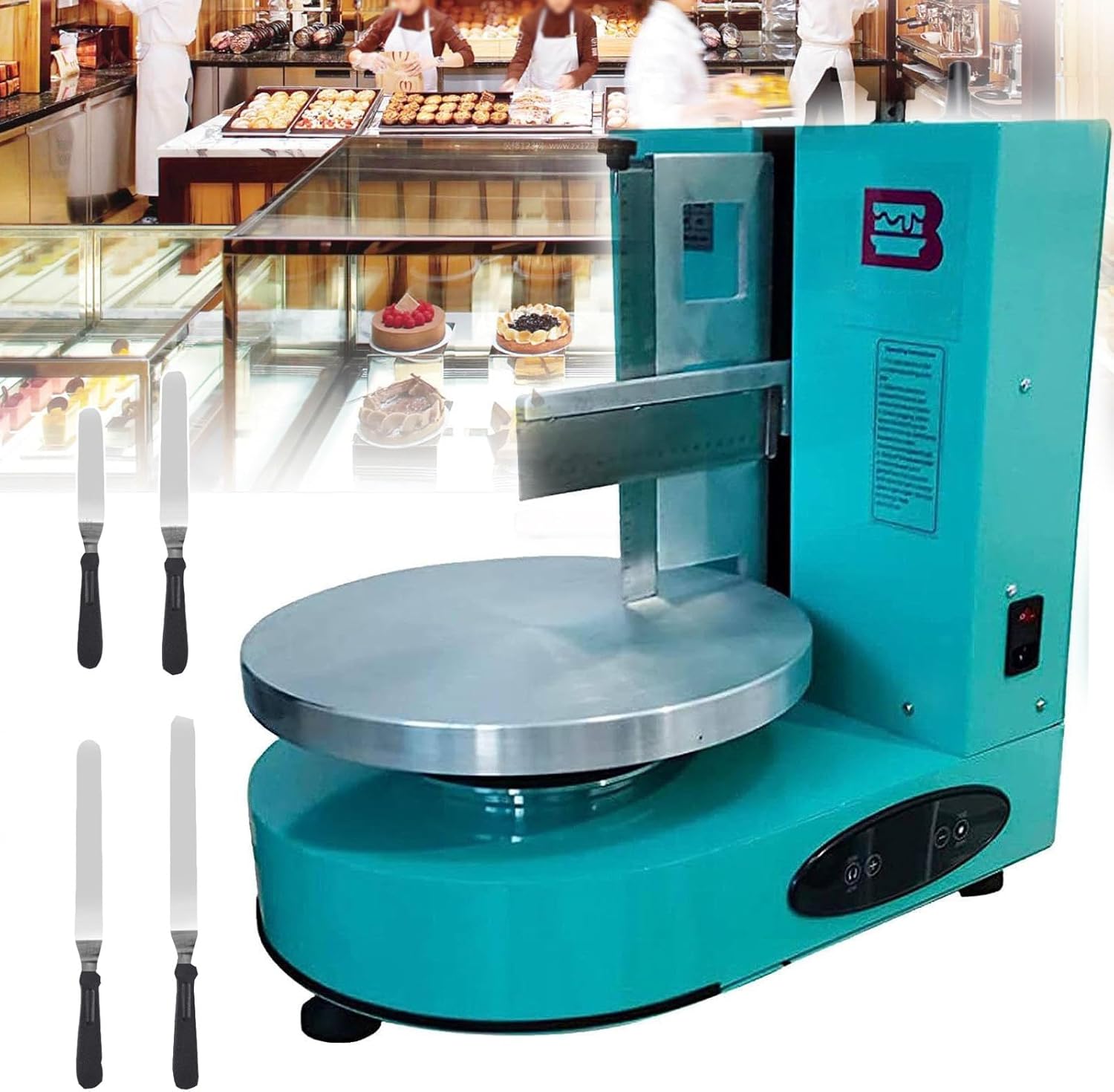 Electric Cake Cream Spreader For 4-12 Inch Cakes | 200w Automatic Birthday Cake Coating Machine | Smooth Cake Icing Tool W/ 4*Flattening Tools For Kitchens, Cake Shops, Dessert Shops,Green