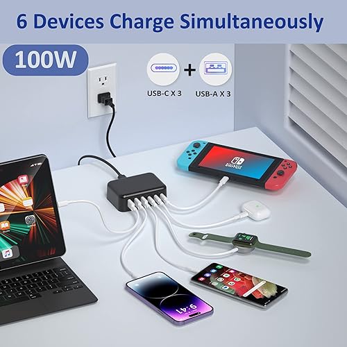 Miniatura 10 de Bangfun - Bloque de carga rápida USB C, 6 puertos de 100 W, estación de carga USB tipo C, cargador de pared de carga rápida, cubo de enchufe con 3