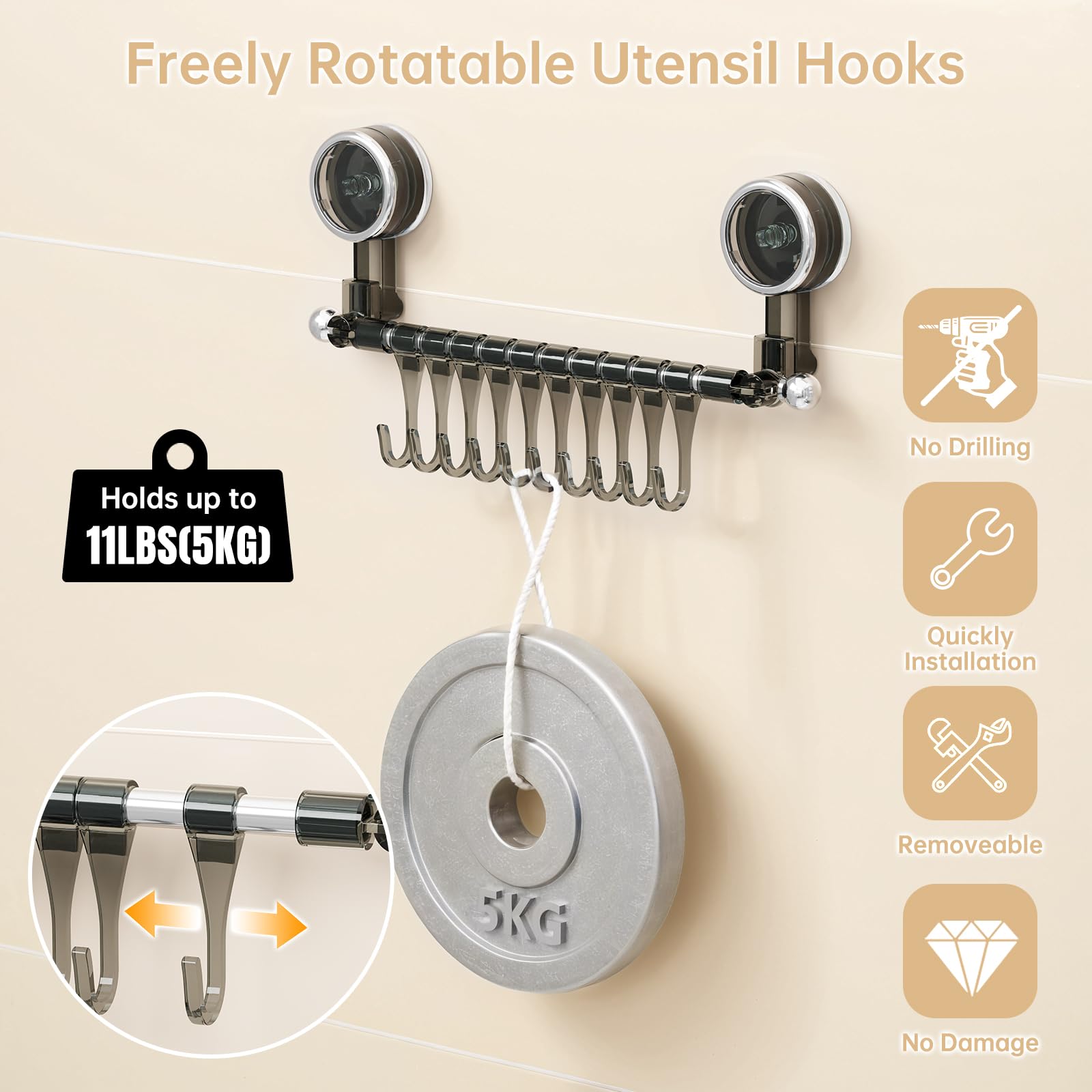 Support Ustensiles Cuisine Sans Perçage à Ventouses | 31 Cm, 10 Crochets Mobiles, Charge 5 Kg