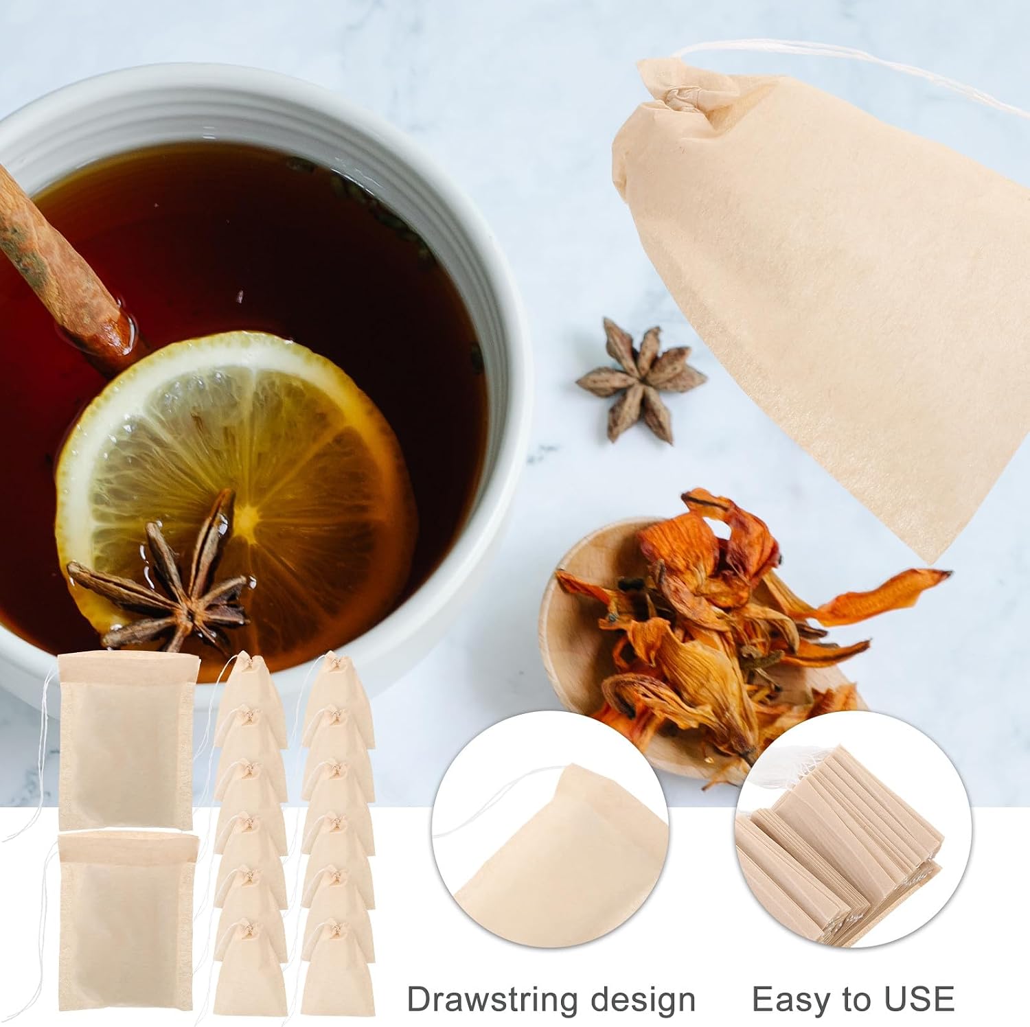 SEWACC 100pcs Natural Color Disposable Drawstring Loose Leaf Tea Filter Bags Unbleached Cotton Strainer Bags for Coffee and Herbal Tea Brewing
