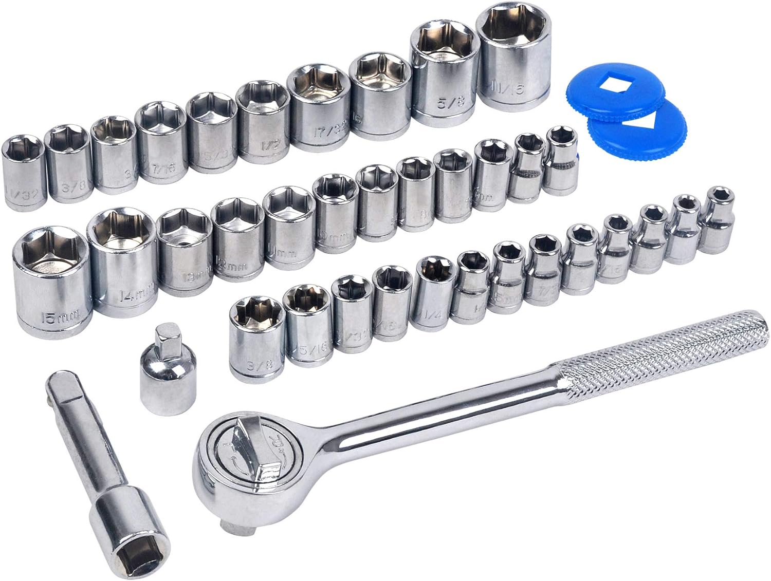 40-PC 1/4 and 3/8 DR Socket Set, 3/8 Ratchet Handle, Extension Bar, Adaptor, and Sockets