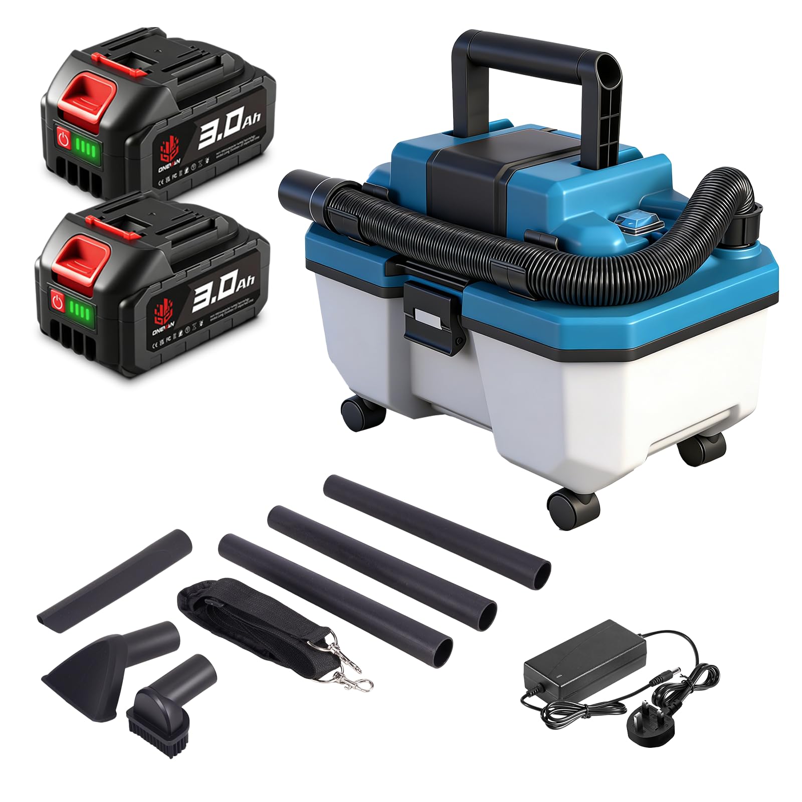 Cordless Wet and Dry Vacuum Cleaner, 22kPa Powerful Suction, 10L Brushless Wet Dry Vacuum, 2m Hose, 3 Extension Tubes, 3 Nozzles, 2* 3.0Ah Battery, Movable Wheeled, for Workshop Woodworking Saw Dust
