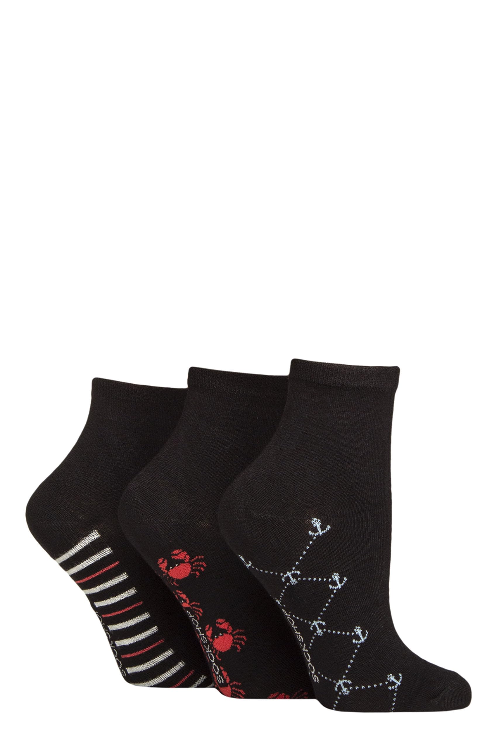 Sockshop Women's Patterned Sole Black / Nautical Bamboo Ankle Socks - Plain, Patterned, Striped, Floral, Colourful, Bright, Smooth Toe Seams 3 Pairs Size 4-8 (Uk, Numeric, 4, 8, Regular, Regular, Patterned Sole Black/Nautical)
