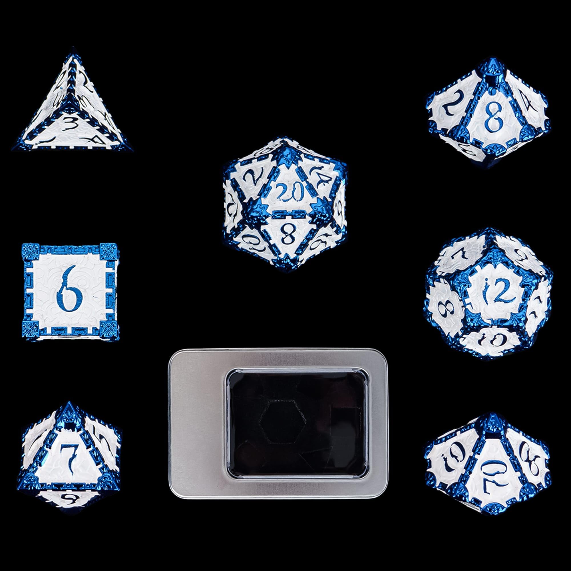 Cusdie 7pcs Metal DND Dice with Tin Box, Dagger Design Polyhedral Die Set, for Role Playing Game D&D Dice Pathfinder (Blue White)