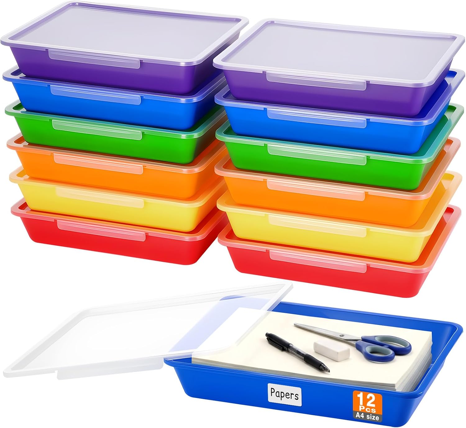 Tinlade 12 Pcs Paper Storage Bin with Clear Latching Lid, Label Colored Plastic Stackable Letter Size Flat Tray Container Classroom Home Office School Teacher Arts Crafts Sorting (Rainbow,13x10in)