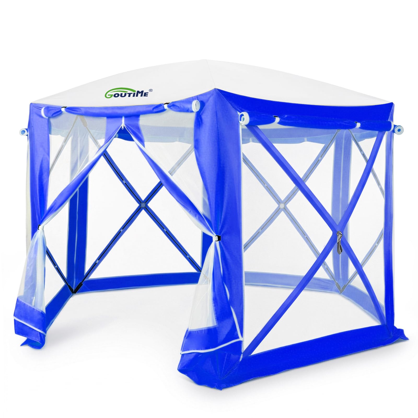 10 ft*10 ft Pop Up Gazebo, Goutime Instant Setup Six-Sided Garden Tent, UV Protection Sun Shade with Mosquito Netting, Portable Outdoor Work Shelter (Blue)