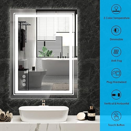 Miniatura 10 de Fangflower Espejo LED de 36 x 28 pulgadas para baño con luces integradas, espejos de pared iluminados con antiempañamiento, memoria, regulable, 3