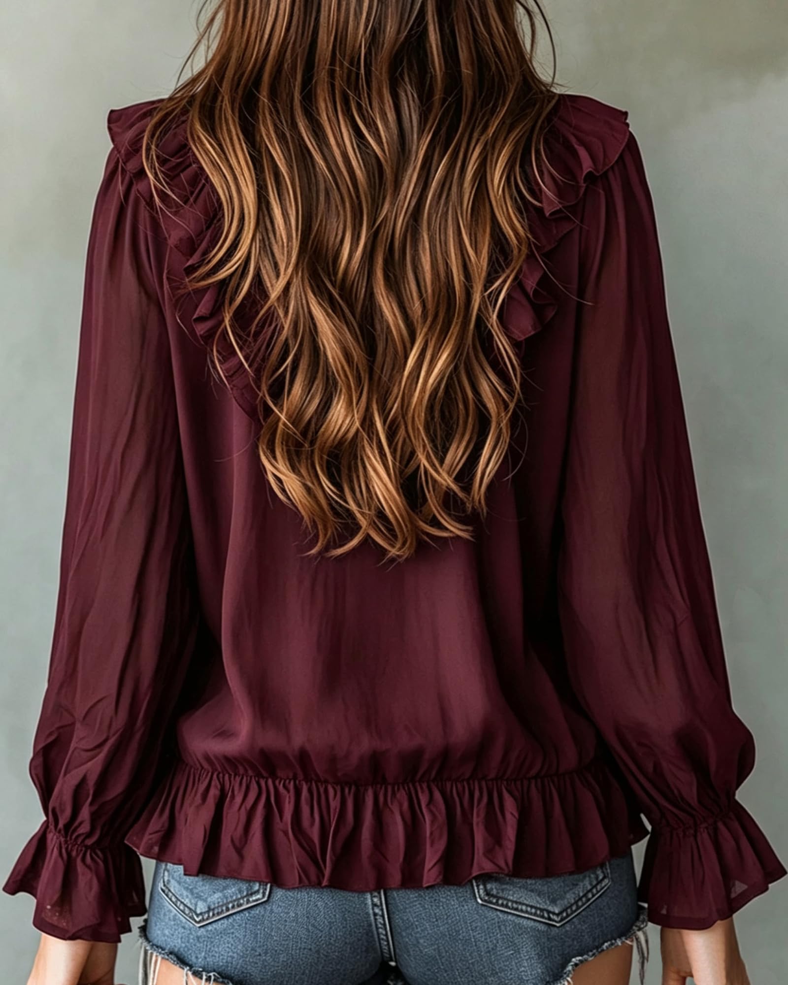 Blusa da donna a maniche lunghe con scollo a V e baschina, top casual | L'orlo a peplo largo offre una vestibilità comoda e non restrittiva
