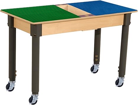 Wood Designs Time-2-Play Montessori Play Table, Reactangular Birch Plywood Red & Blue Lego Compatible Building Blocks Table with a Trough and Wheels for Kids 18-29 Adjustable Legs