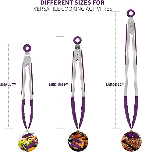Miniatura 3 de U-Taste Juego de tazas y cucharas medidoras de acero inoxidable 188 y juego de pinzas de cocina de alta resistencia al calor de 600F (morado)