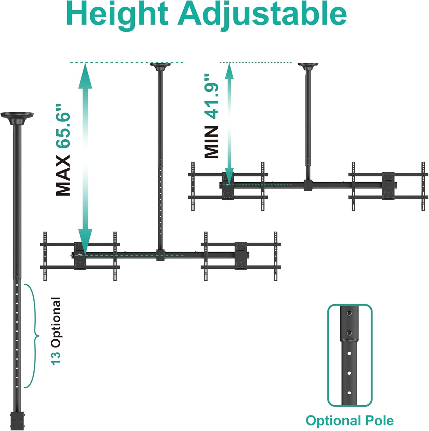 Diagram showing adjustable height of the ceiling mount pole from 41.9 inches to 65.6 inches.