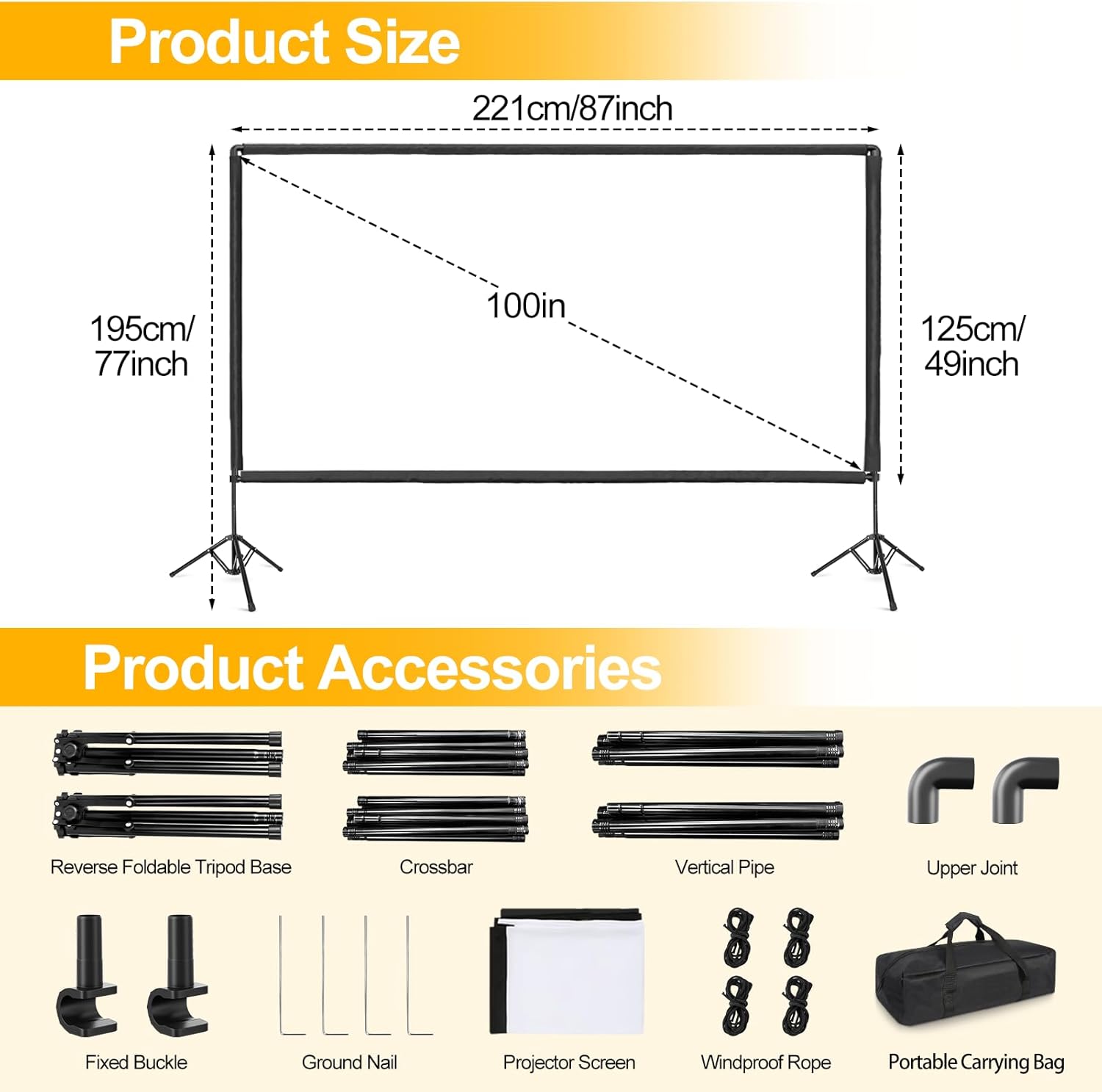 Projector Screen with Stand, 100 inch Portable Projector Screen Stand with Elastic Rope Bar, Outdoor Indoor 16:9 4K HD Wrinkle-Free Front Rear Projection Screen with Carry Bag for Home Theater Party