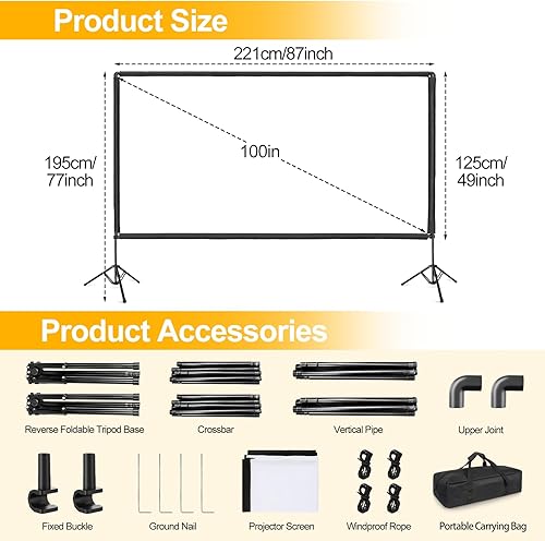 Miniatura 6 de Pantalla de proyector con soporte, soporte de pantalla de proyector portátil de 100 pulgadas con barra de cuerda elástica, para interiores y