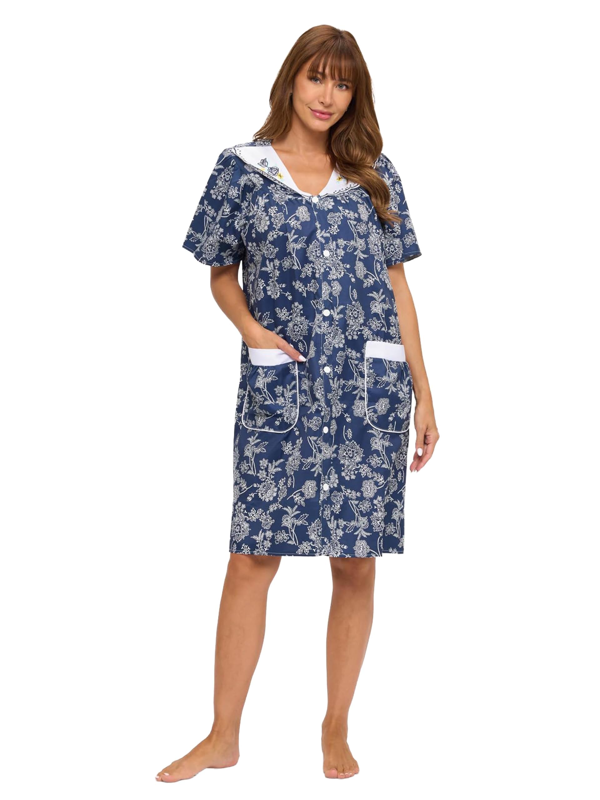 Casual Nights Women's Snap - Front House Dress Short Sleeve Woven Housecoat Duster Lounger Robe with Pockets