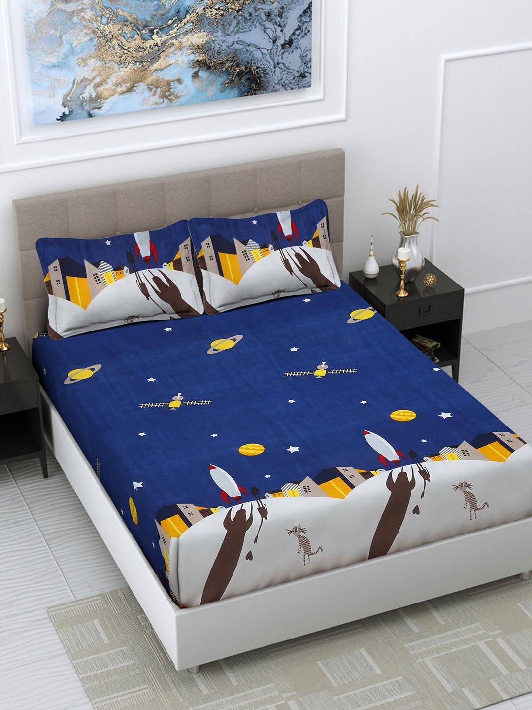 FABINALIV Blue Cartoon Print 300 TC Cotton Blend King Size Double Bedsheet with 2 Pillow Covers (FLBS-1212-Blue)-image-2