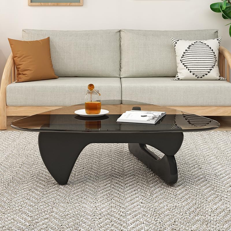 Triangle Coffee Table in Walnut Mid Century Modern Solid Wood Base and Triangle Clear Glass Coffee Table for Living Room Low Minimalist Tea Table Coffee Tables (45 * 32.3 * 16, Black Gray)