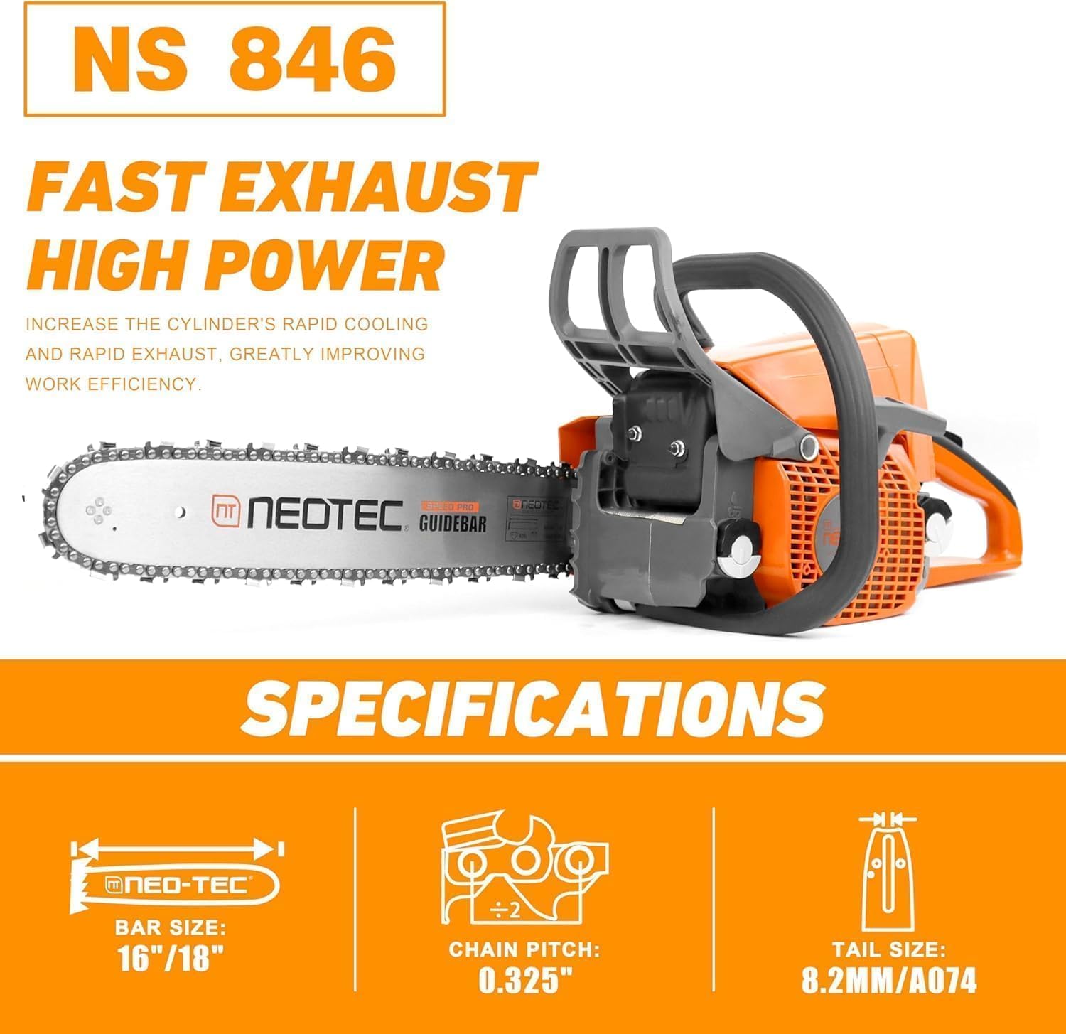 NEOTEC 45.4cc Gas Chainsaw, NS846 Powerhead with 16 Inch Guide Bar and Chain, Power Chain Saw 3.0 HP 2,24KW, All Parts Compatible with MS250 MS230 MS210 025 023 025 Chainsaw gas
