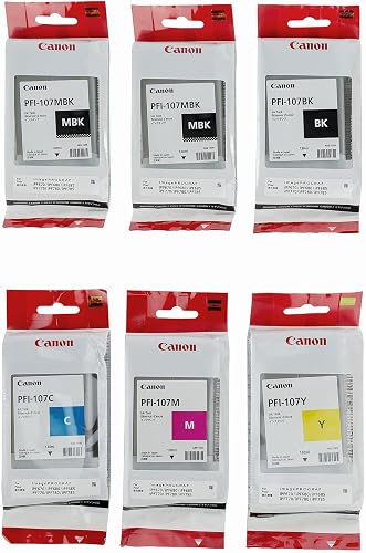 Canon PFI-107 Set Genuine Pfi-107 6 Pack Set of 5 Colors Ink Tanks 2 Pfi-107mbk,and 1 Pfi107bk Pfi107c Pfi107y Pfi107m InkSAVER Microfiber LCD Screen Cleaning Cloth