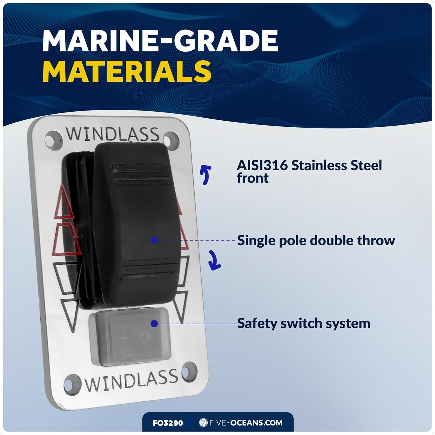 Five Oceans Boat Anchor Windlass Up/Down Rocker Switch Panel, Windlass Switch Panel with Safety Switch System, Waterproof, 12-24-Volts DC, 5-Amp, SPDT 3-Terminal Switch, Stainless Steel Plate - FO3290