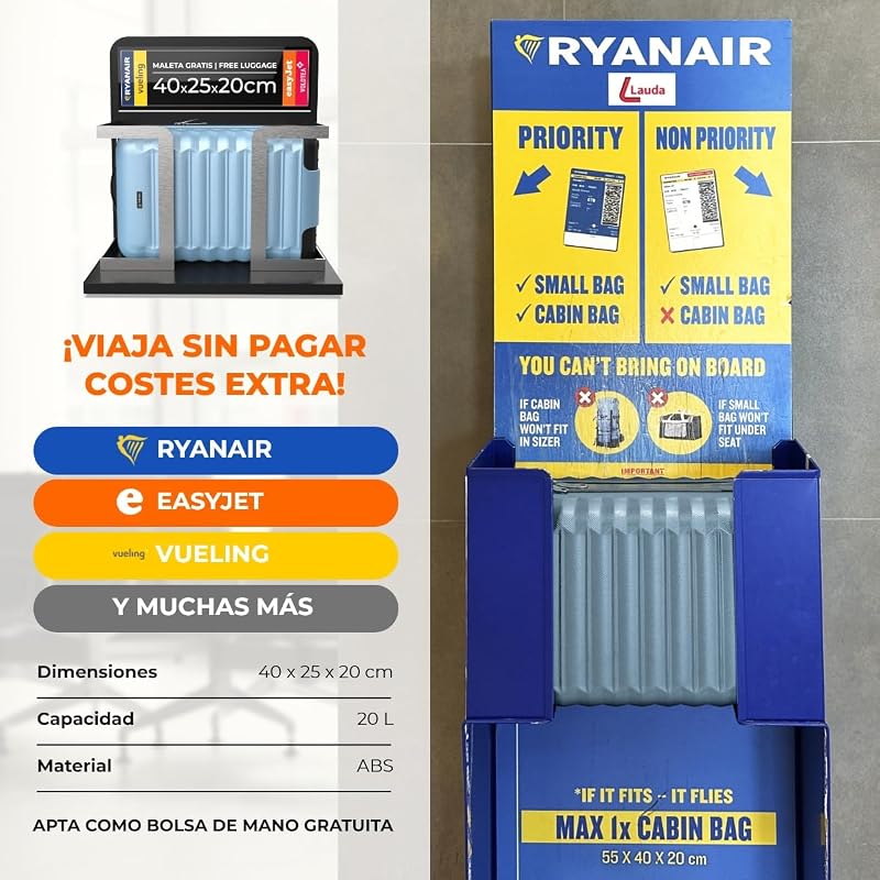 NUMADA- Maleta de Viaje Cabina 40x25x20cm (20L) Upfly Underseat 16 XXS con Ruedas Desmontables. Maleta Cabina ABS Ideal como Equipaje de Mano para Ryanair, Vueling o Easyjet Azul Claro