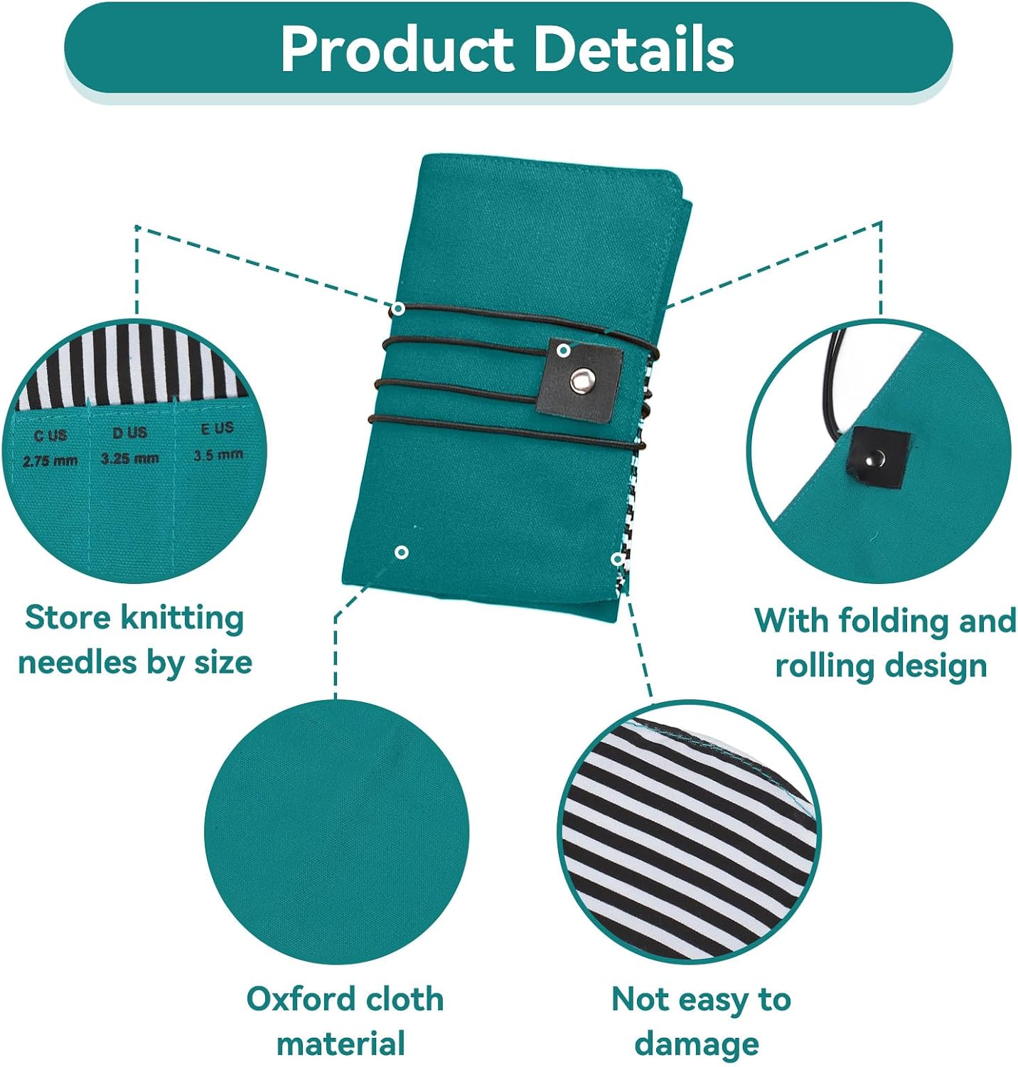 HERCHR Crochet Hook Case Holder Organizer, Portable Roll up Crochet Hook Organizer Oxford Cloth Knitting Needle Case with Clasp for Straight and Circular Needles, 10.43x13.38 Inches Unfolded