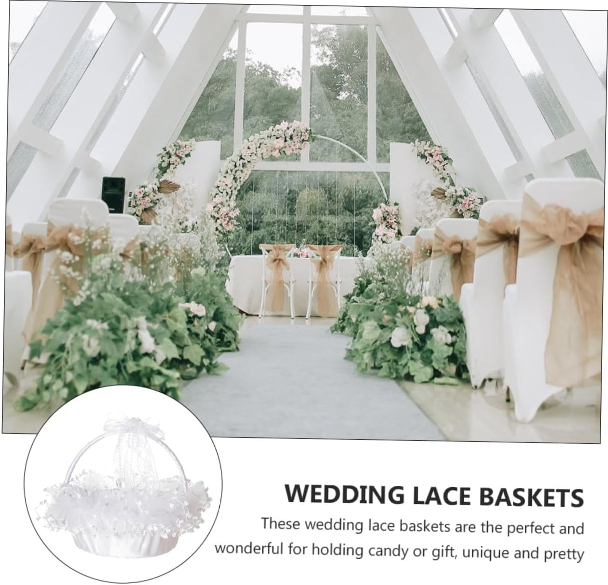 Delicate Handheld Lace Wedding Flower Basket, Foldable White Decorative Basket for Flower Girl, Wedding Ceremony Supplies