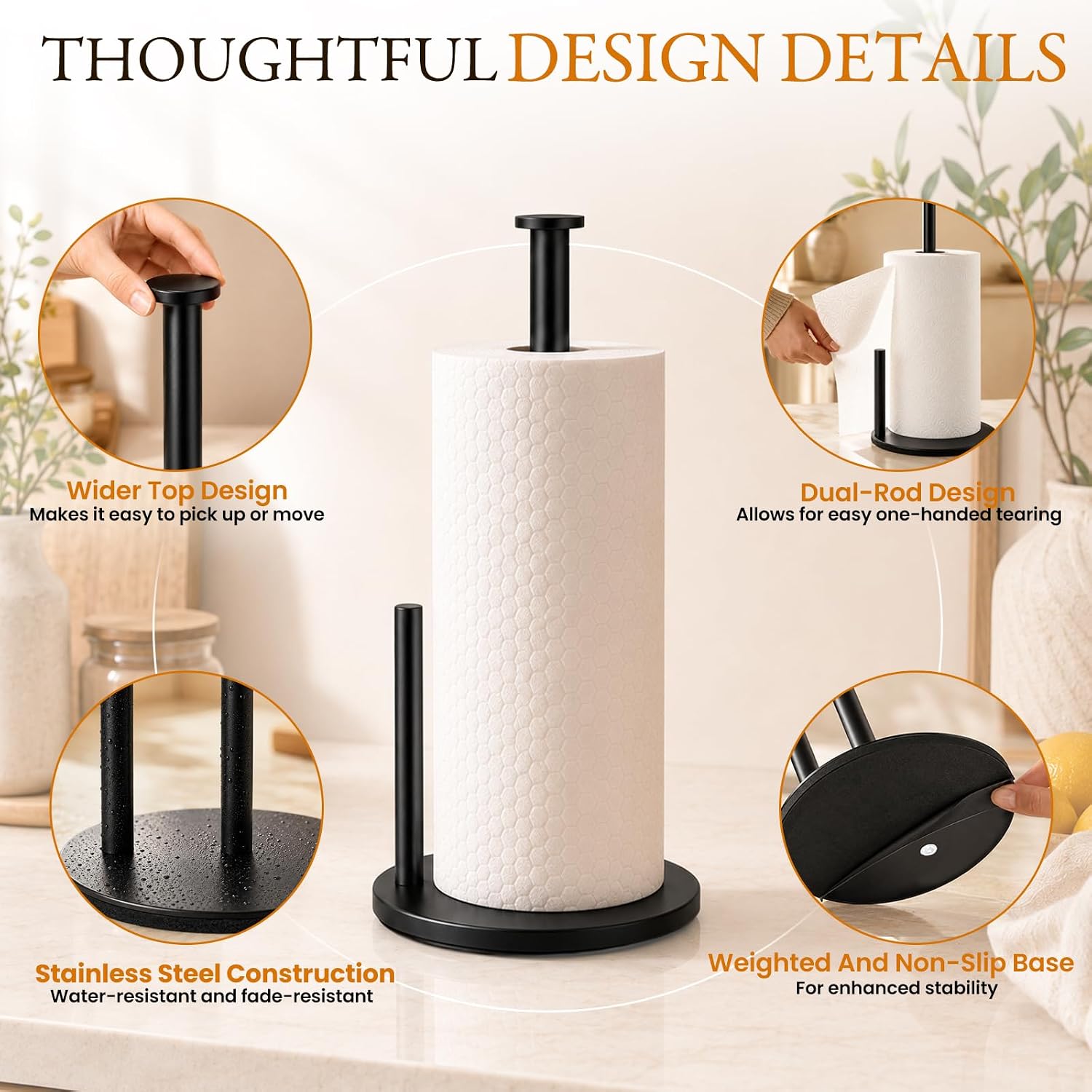 Stainless Steel Paper Towel Holder, Non-Slip Weighted Base for Countertop
