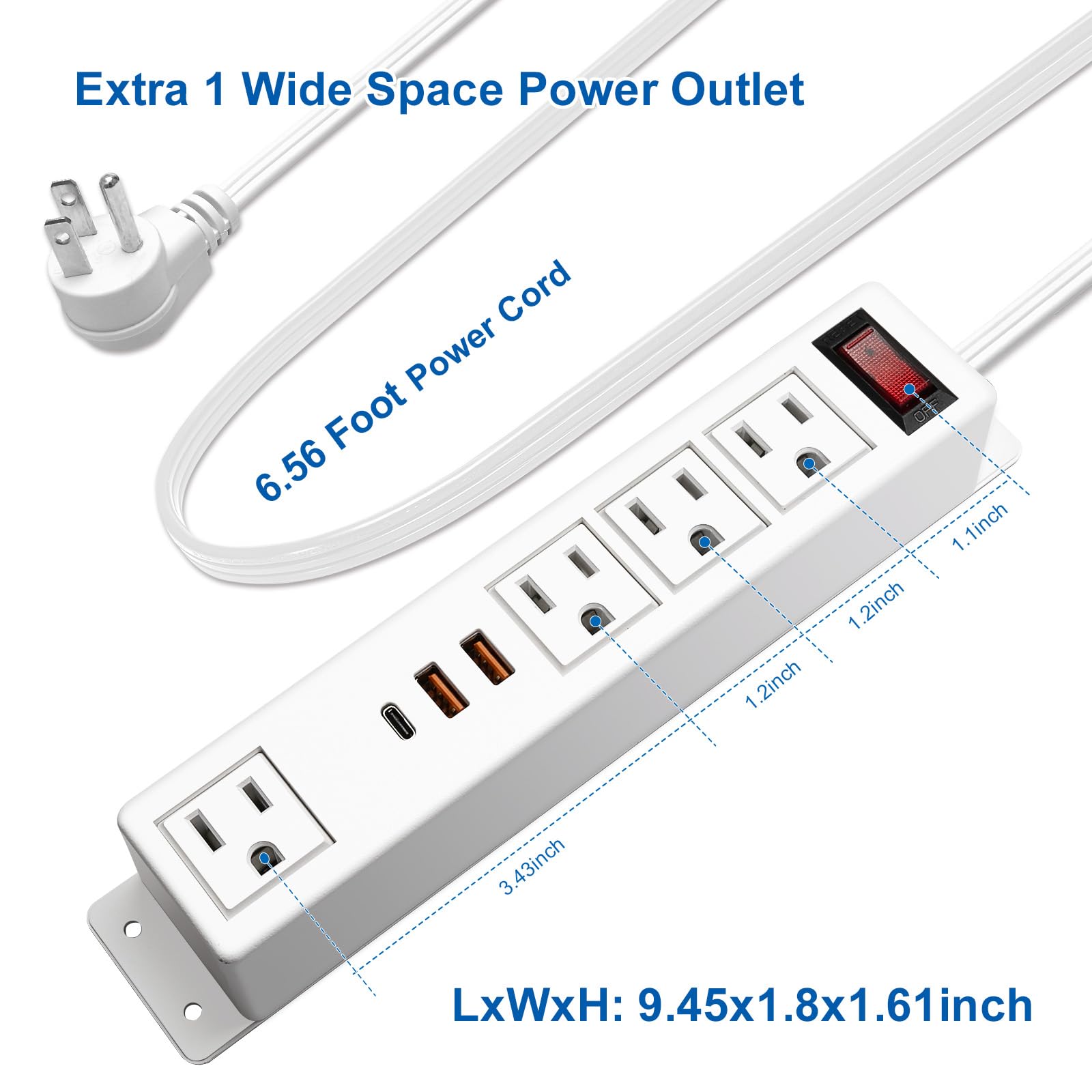 20W USB C Multi Outlet Wall Mount Computer Extension Cord 4 Outlets 3 USB Ports (2 QC USB-A & 1 PD USB-C) Flat Home Ports,