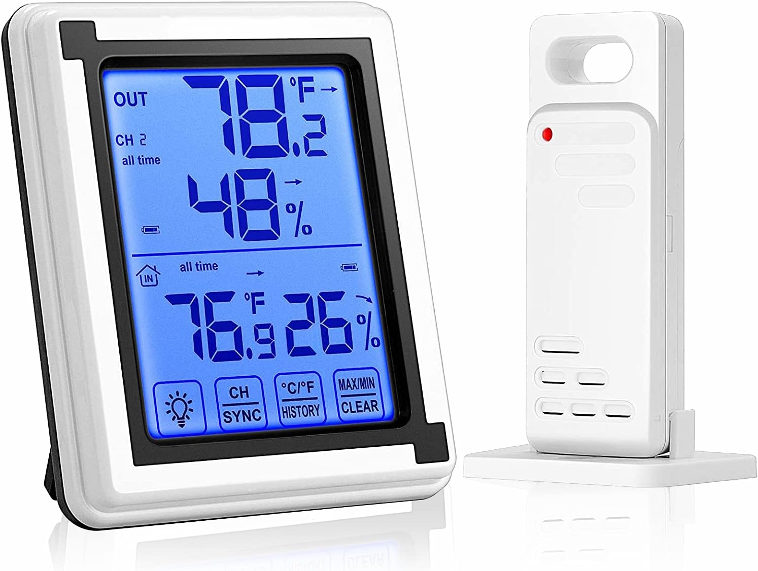 Exrp Digital Hygrometer Indoor Outdoor Thermometer Humidity Monitor with Touchscreen LCD Backlight, Temperature Gauge Meter 200ft/60m Range Wireless Thermometer and Hygrometer, Battery not Included