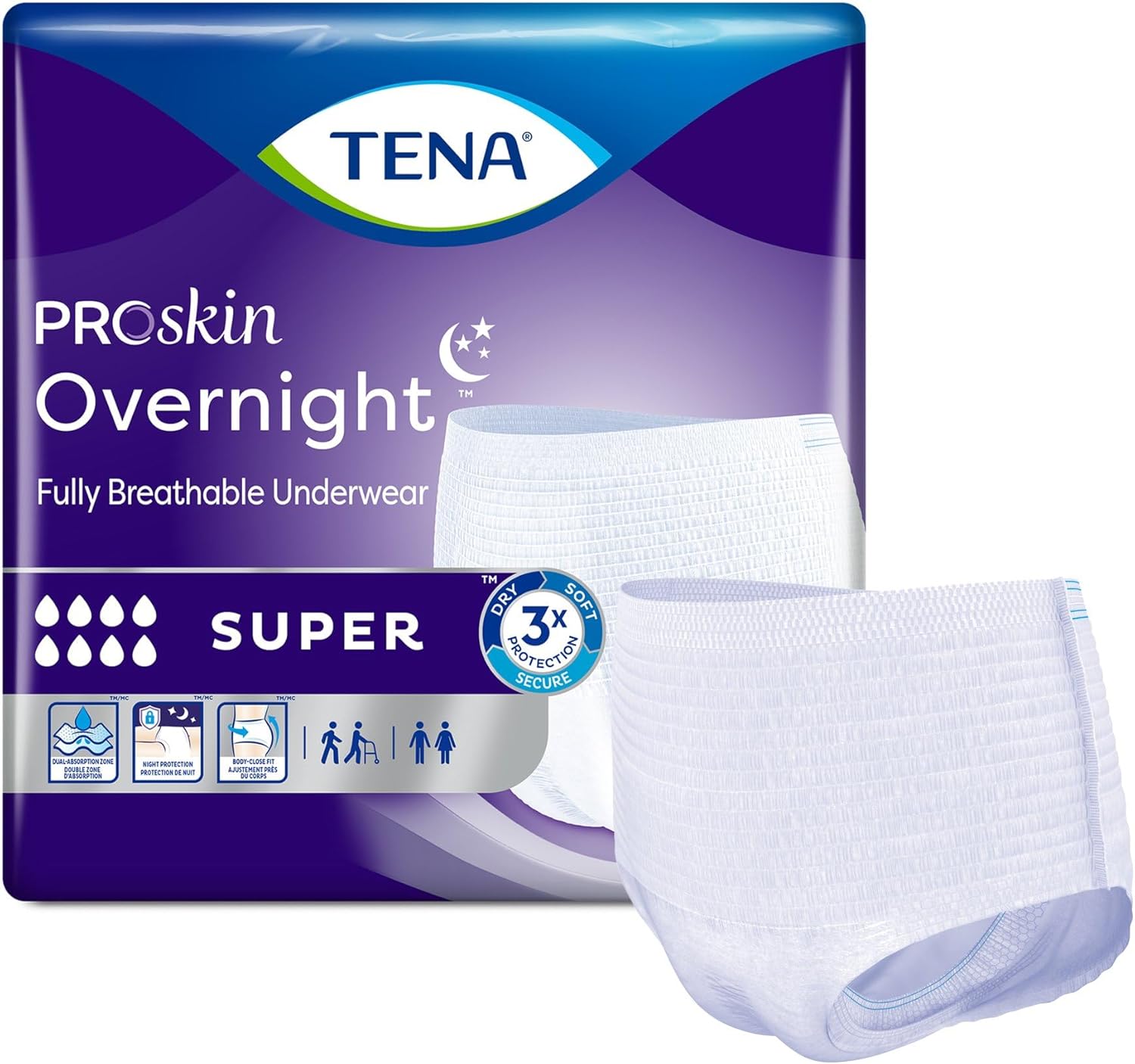 TENA ProSkin Overnight Super Disposable Underwear Pull On with Tear Away Seams Large, 72325, 56 Ct