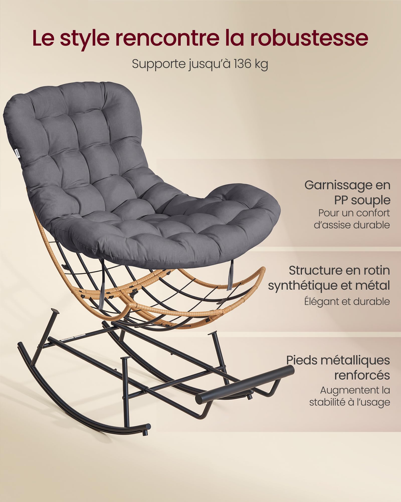 VASAGLE Fauteuil à Bascule, Fauteuil Cocooning, Structure en Acier, Repose‑Pieds Extensible, Coussin Amovible, Supporte Jusqu’à 136 kg, pour Chambre, Salon, Terrasse, Jardin, Gris LYY062GZ01