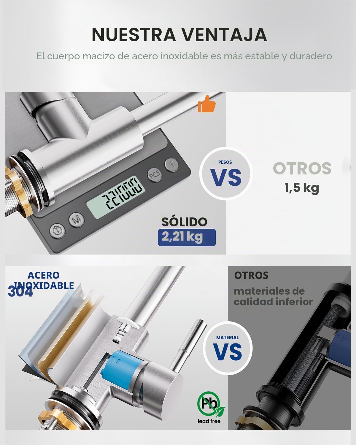 Grifo de cocina extensible, grifo de cocina con ducha, dos tipos de chorro de agua, grifo de alta presión, grifo de cocina de acero inoxidable cepillado, monomando de cocina, rotación de 360 ° | Dos tipos de chorro de agua, rotación de 360°, agua fría y c