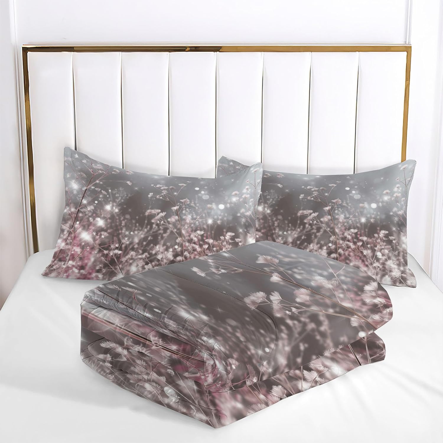 3D Plant Light and Shadow Comforter Set Queen Size Bedding Set Holiday Theme All Season Down Comforter Printed Quilted with 2 Pillow Shams for Kids, Teens, Adults 90 x 90in Pink