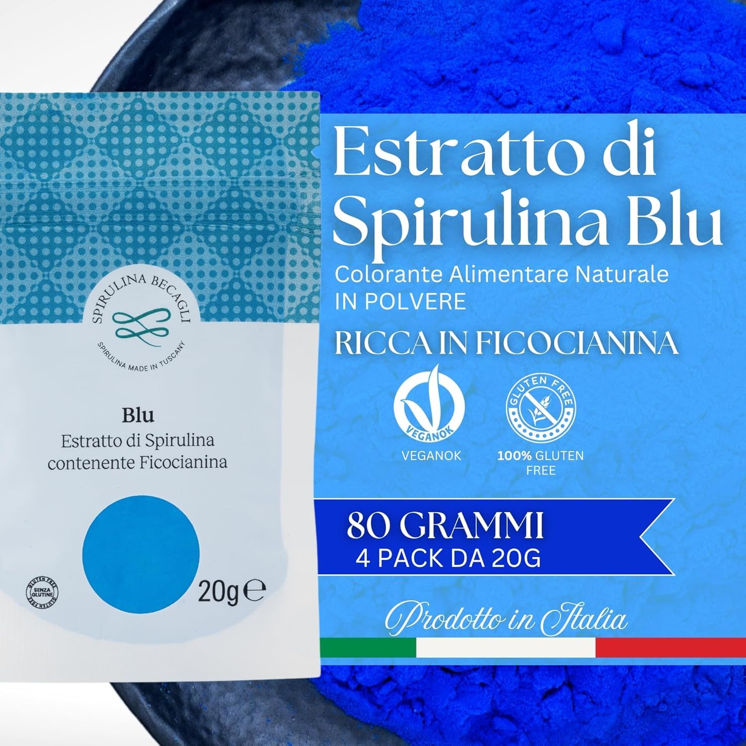 SPIRULINA BECAGLI Spirulina Blu In Polvere 20 g, Colorante Alimentare Naturale A Base Di Ficocianina, Polvere Blu Per Bevande E Preparazioni Alimentari, Made in Italy, Vegan OK (20 gr.)