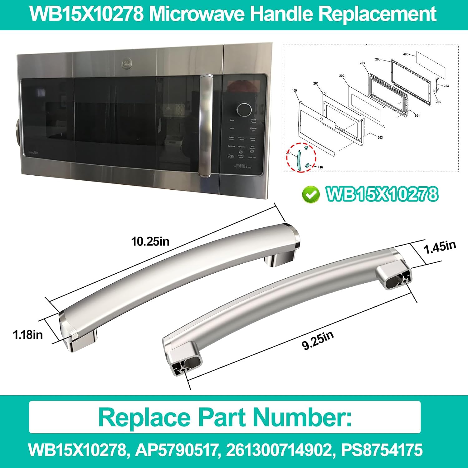 Upgraded WB15X10278 Microwave Handle Replacement Compatible with GE Microwave Door Handle, Replace GE AP5790517, JNM3161MF1SA, JVM3160RF1SS, JNM3160RF1SS Microwave Oven Door Handle