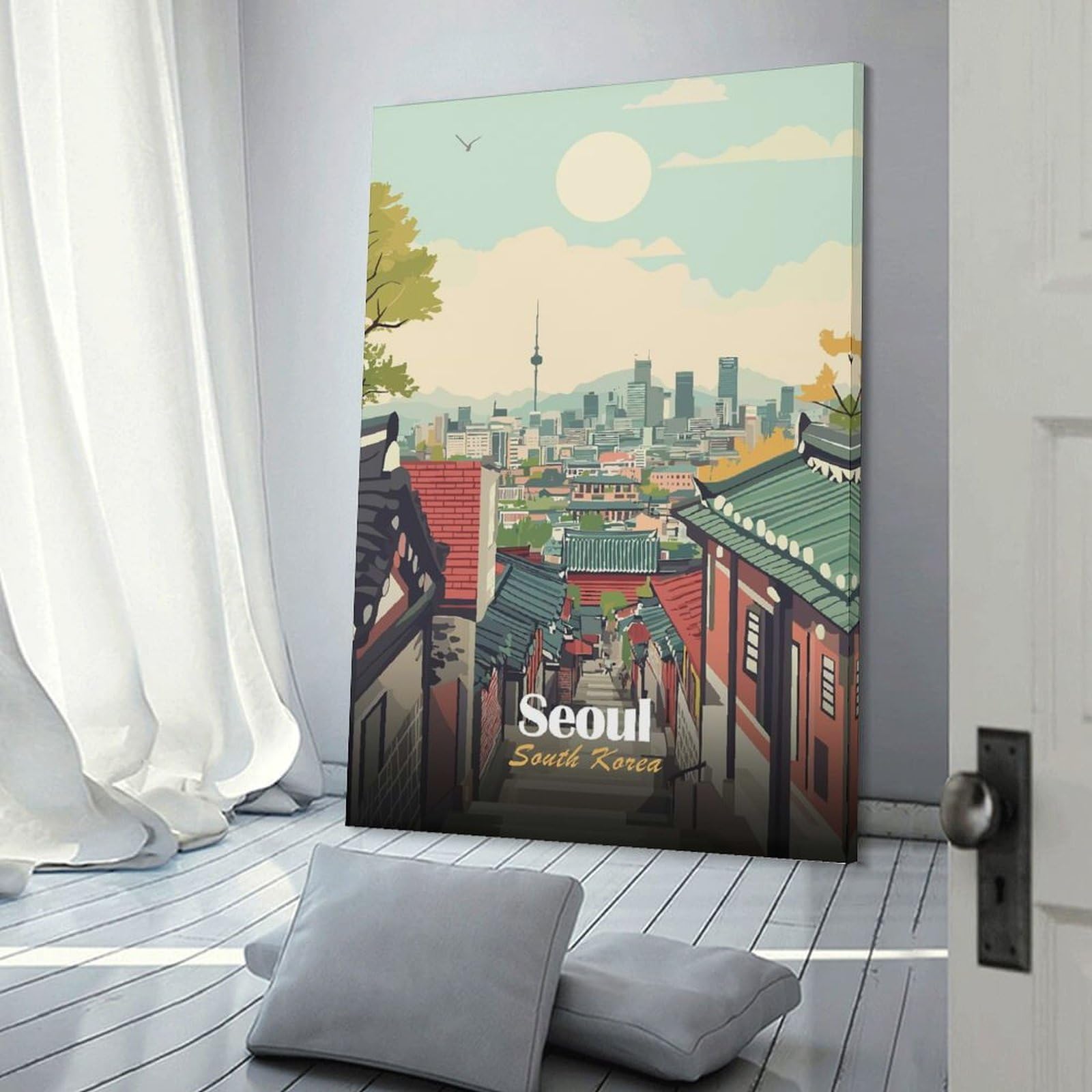 Junmoney Seoul Cityscape Illustration Home Decor Wall Art, 20x30inch(50x75cm), for Living Room, Bedroom Or Home Office, Home Decor Gift with Stylish Appeal